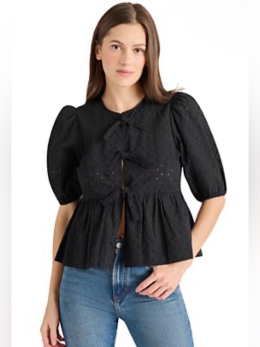 Steve Madden Black Eyelet Tie-Front Peplum Blouse